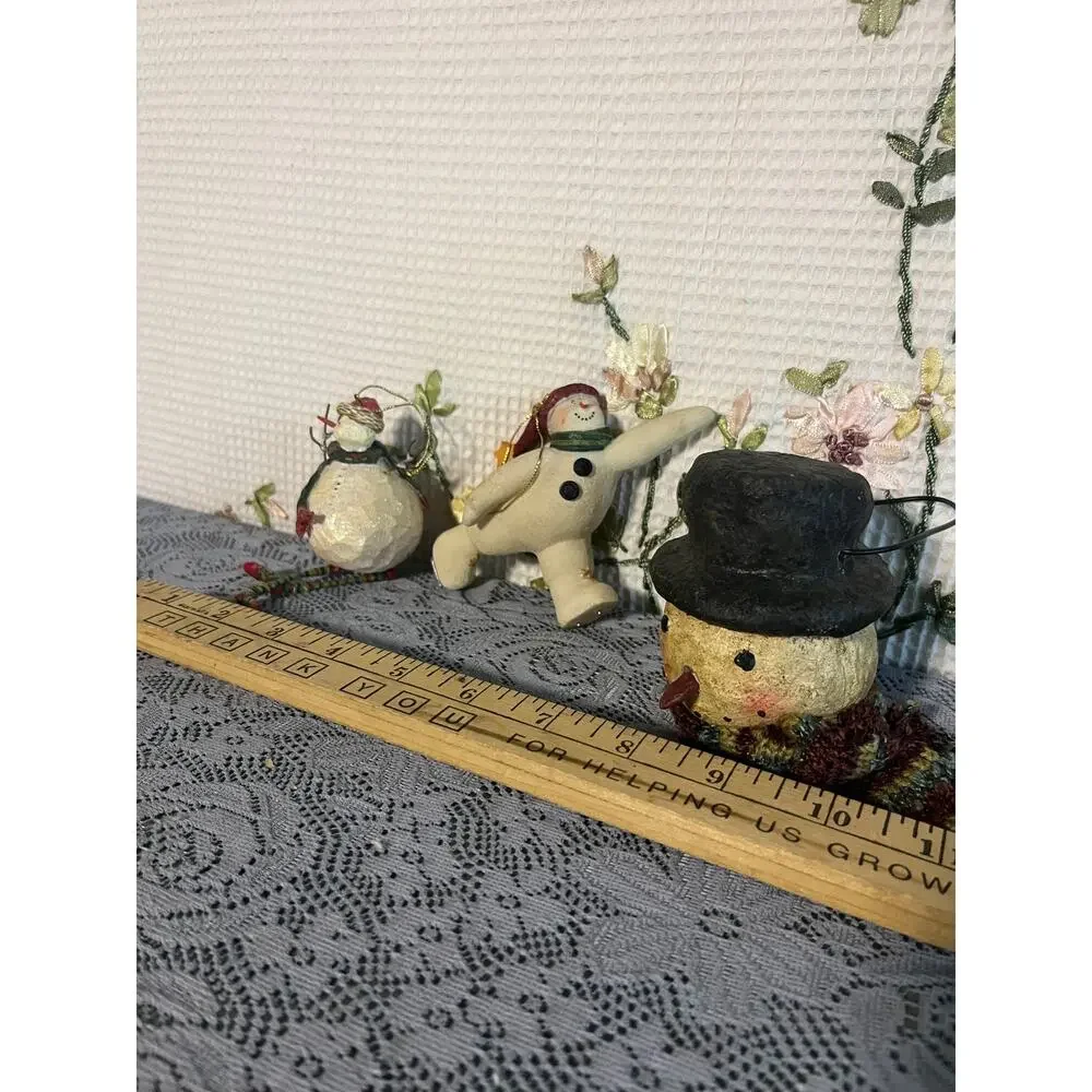 Folk Art Snowman Christmas Ornament Lot of 3 Resin Primitive Top Hat Dangle Legs